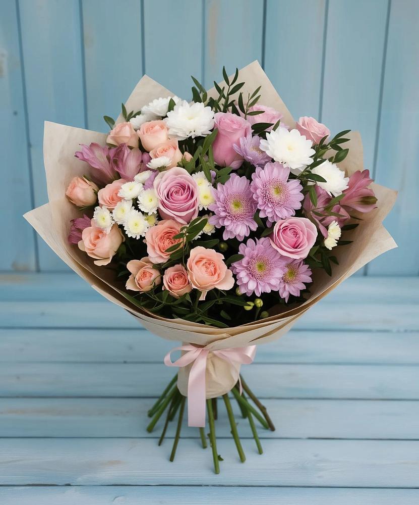 Букет цветов из: Хризантемы, Розы и Альстромерии в Шамилькале