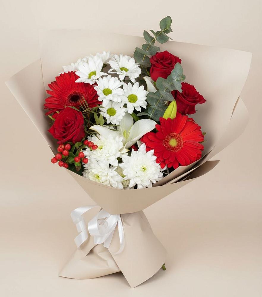 Букет цветов из: Розы, Хризантемы, Герберы и Лилии в Шамилькале